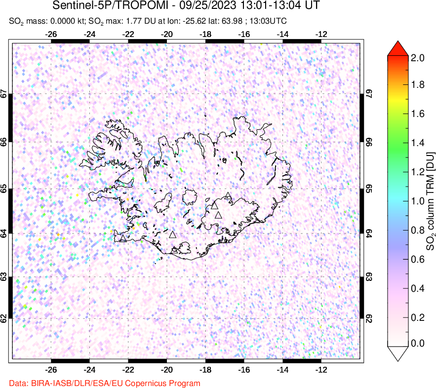 A sulfur dioxide image over Iceland on Sep 25, 2023.