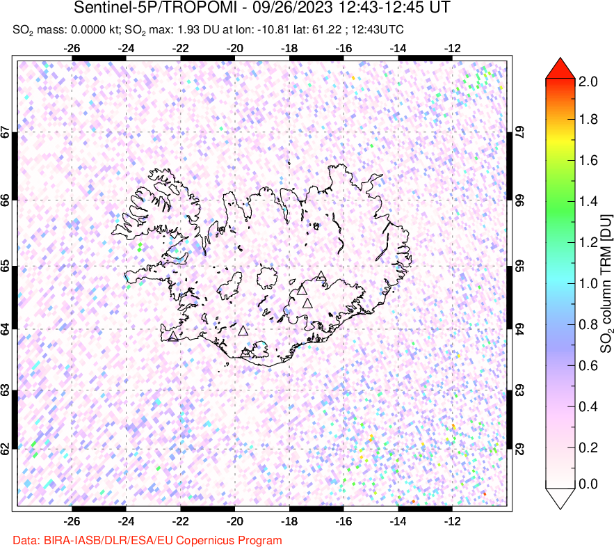 A sulfur dioxide image over Iceland on Sep 26, 2023.