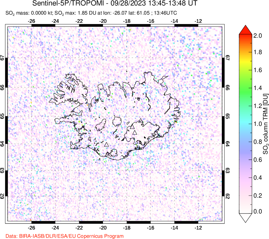 A sulfur dioxide image over Iceland on Sep 28, 2023.