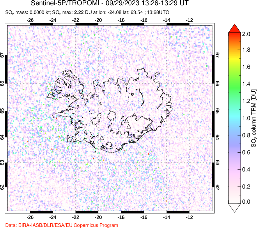 A sulfur dioxide image over Iceland on Sep 29, 2023.