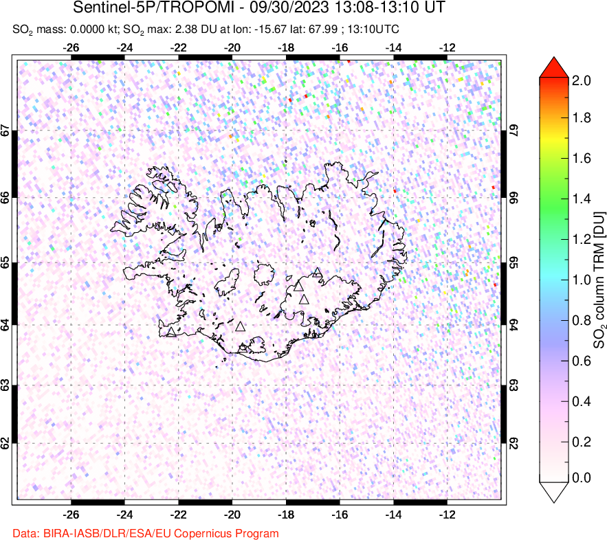 A sulfur dioxide image over Iceland on Sep 30, 2023.