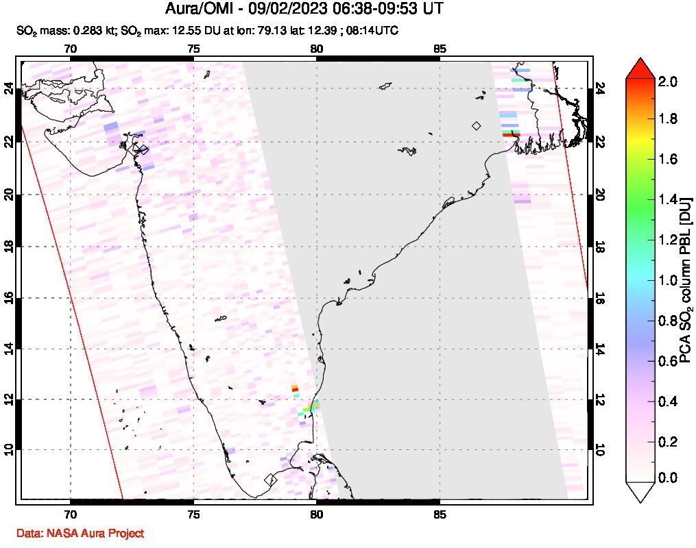 A sulfur dioxide image over India on Sep 02, 2023.