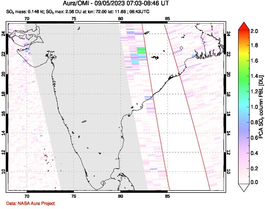 A sulfur dioxide image over India on Sep 05, 2023.