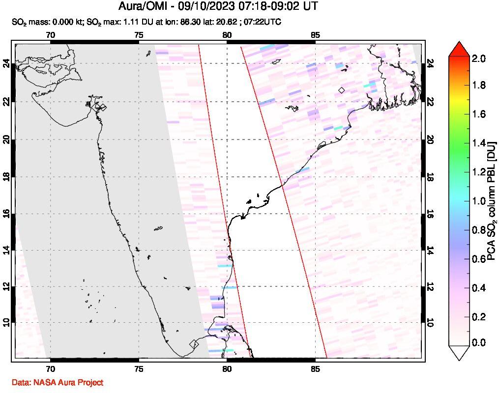 A sulfur dioxide image over India on Sep 10, 2023.