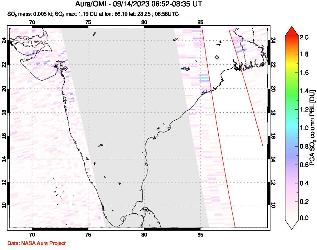 A sulfur dioxide image over India on Sep 14, 2023.
