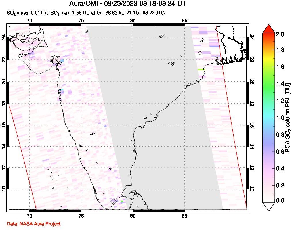 A sulfur dioxide image over India on Sep 23, 2023.