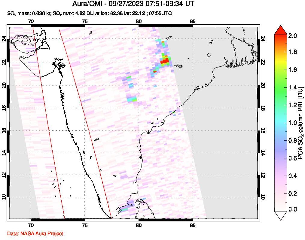 A sulfur dioxide image over India on Sep 27, 2023.