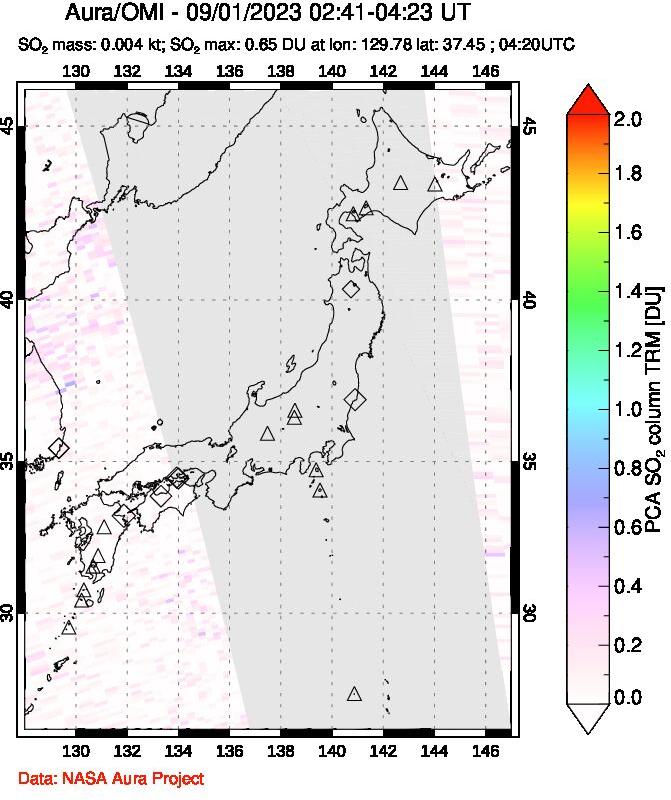 A sulfur dioxide image over Japan on Sep 01, 2023.