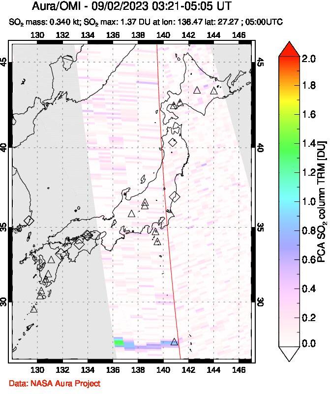 A sulfur dioxide image over Japan on Sep 02, 2023.