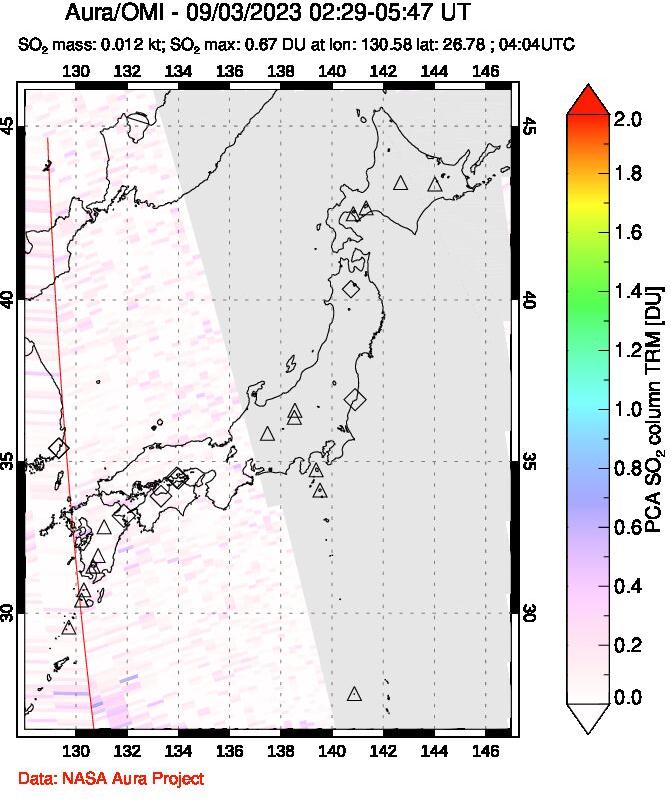 A sulfur dioxide image over Japan on Sep 03, 2023.