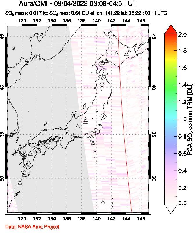 A sulfur dioxide image over Japan on Sep 04, 2023.