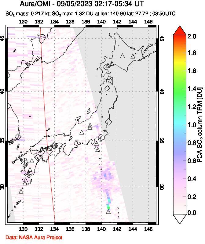 A sulfur dioxide image over Japan on Sep 05, 2023.