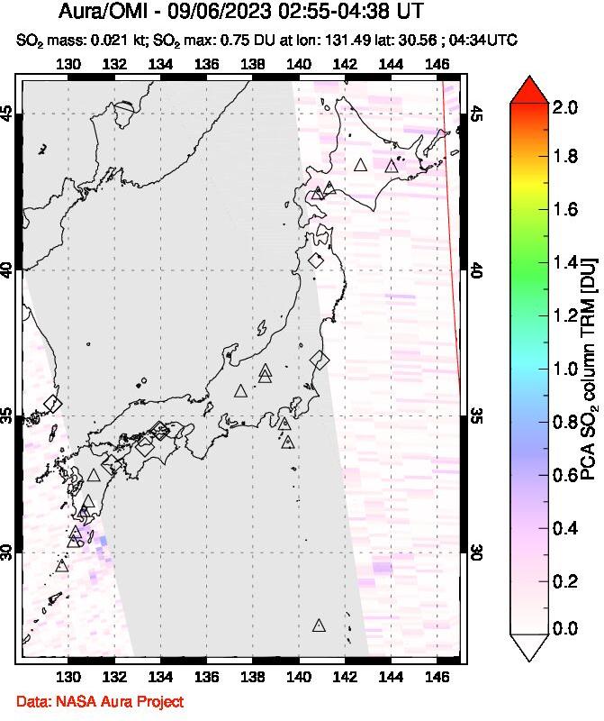 A sulfur dioxide image over Japan on Sep 06, 2023.