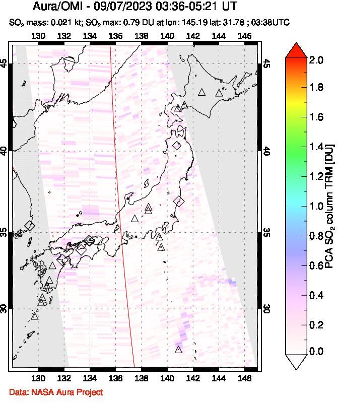 A sulfur dioxide image over Japan on Sep 07, 2023.