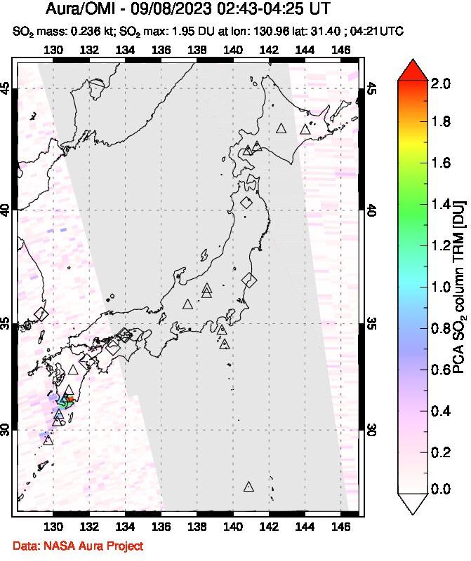 A sulfur dioxide image over Japan on Sep 08, 2023.