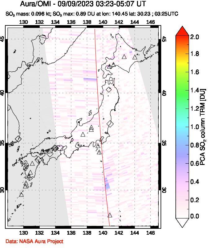 A sulfur dioxide image over Japan on Sep 09, 2023.