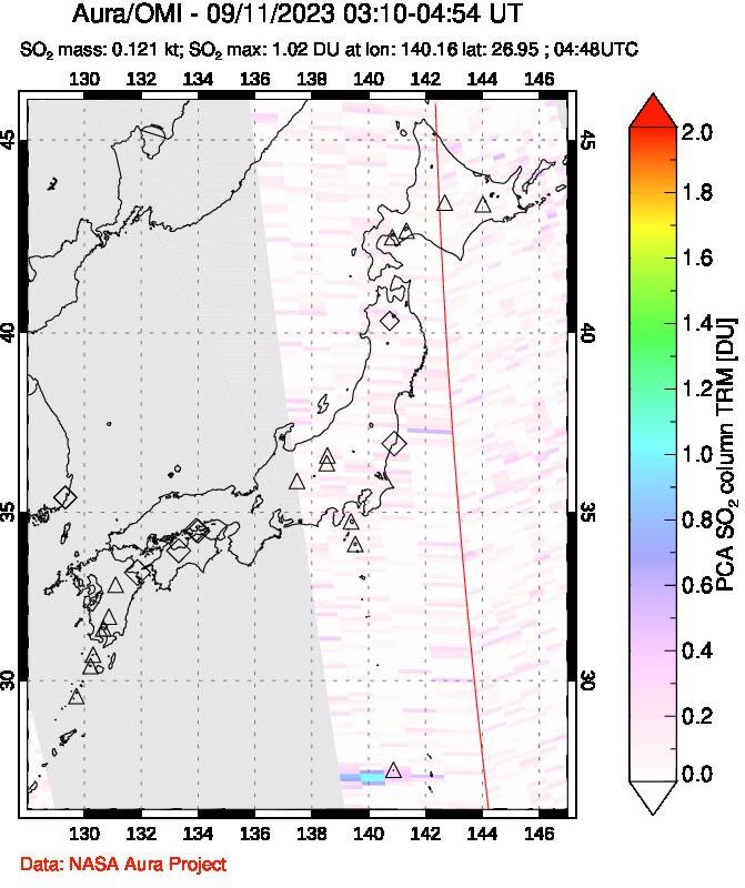 A sulfur dioxide image over Japan on Sep 11, 2023.