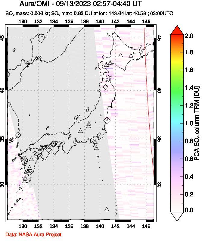 A sulfur dioxide image over Japan on Sep 13, 2023.