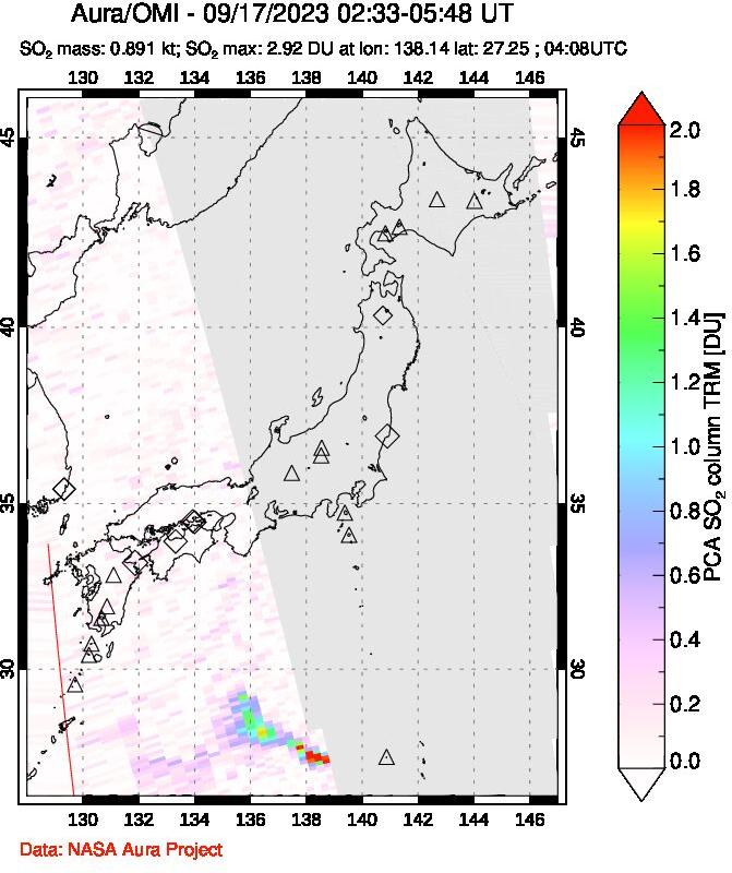 A sulfur dioxide image over Japan on Sep 17, 2023.