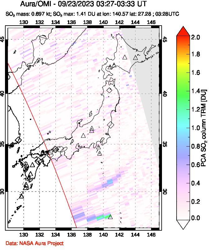A sulfur dioxide image over Japan on Sep 23, 2023.