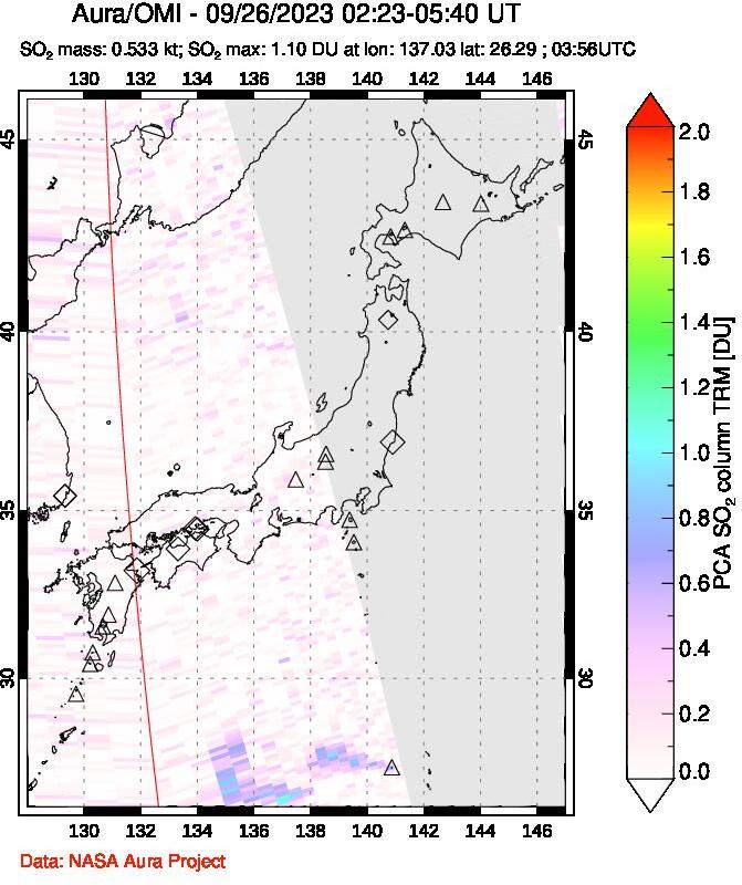 A sulfur dioxide image over Japan on Sep 26, 2023.