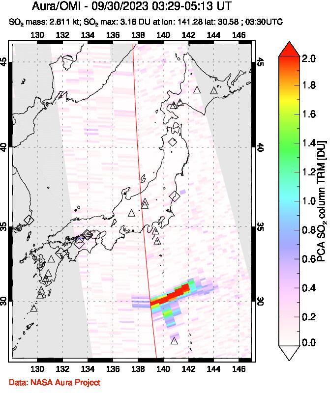 A sulfur dioxide image over Japan on Sep 30, 2023.