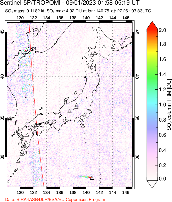 A sulfur dioxide image over Japan on Sep 01, 2023.