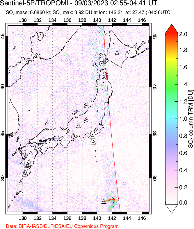 A sulfur dioxide image over Japan on Sep 03, 2023.