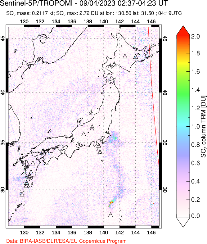 A sulfur dioxide image over Japan on Sep 04, 2023.