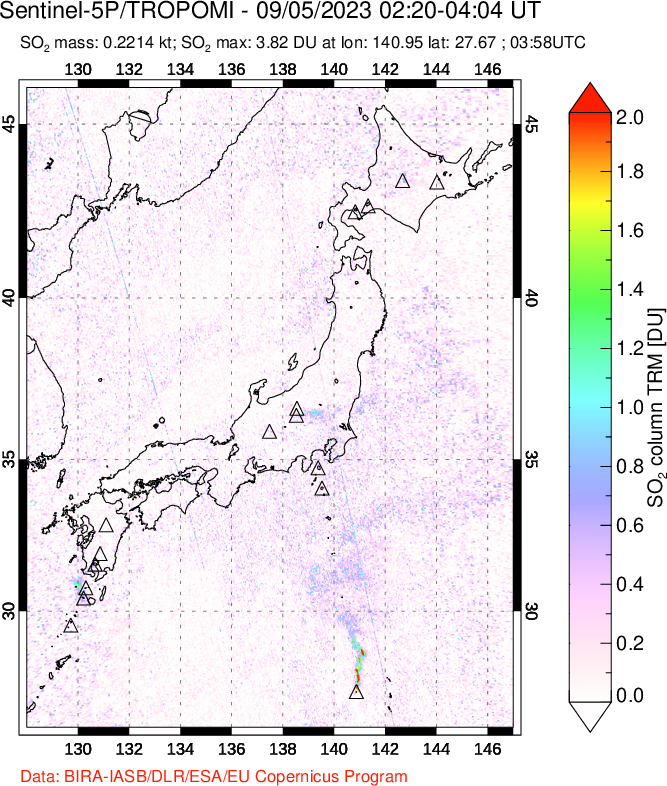 A sulfur dioxide image over Japan on Sep 05, 2023.