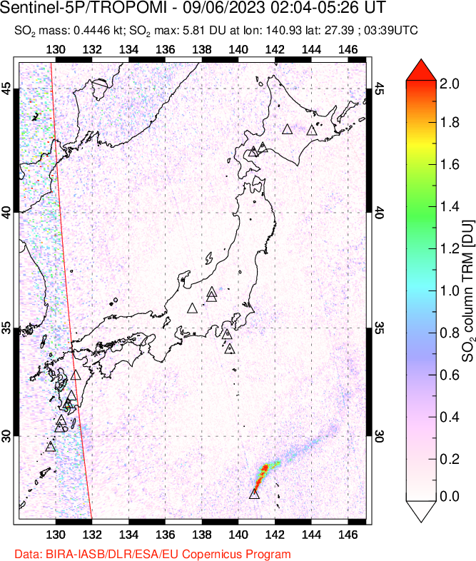 A sulfur dioxide image over Japan on Sep 06, 2023.