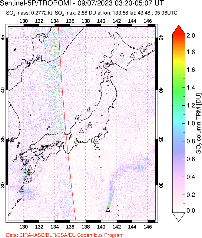 A sulfur dioxide image over Japan on Sep 07, 2023.