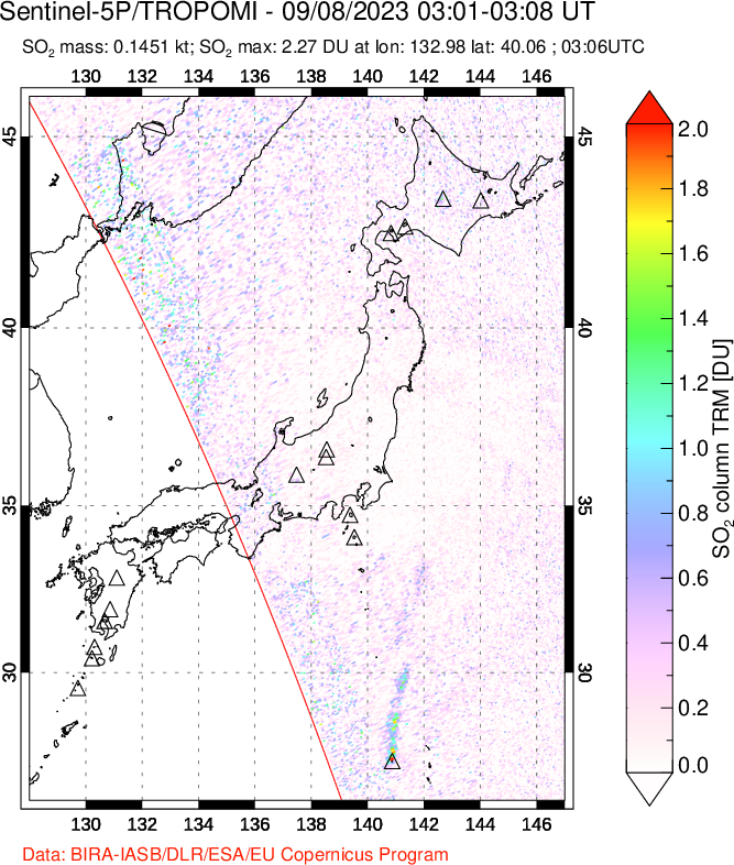 A sulfur dioxide image over Japan on Sep 08, 2023.