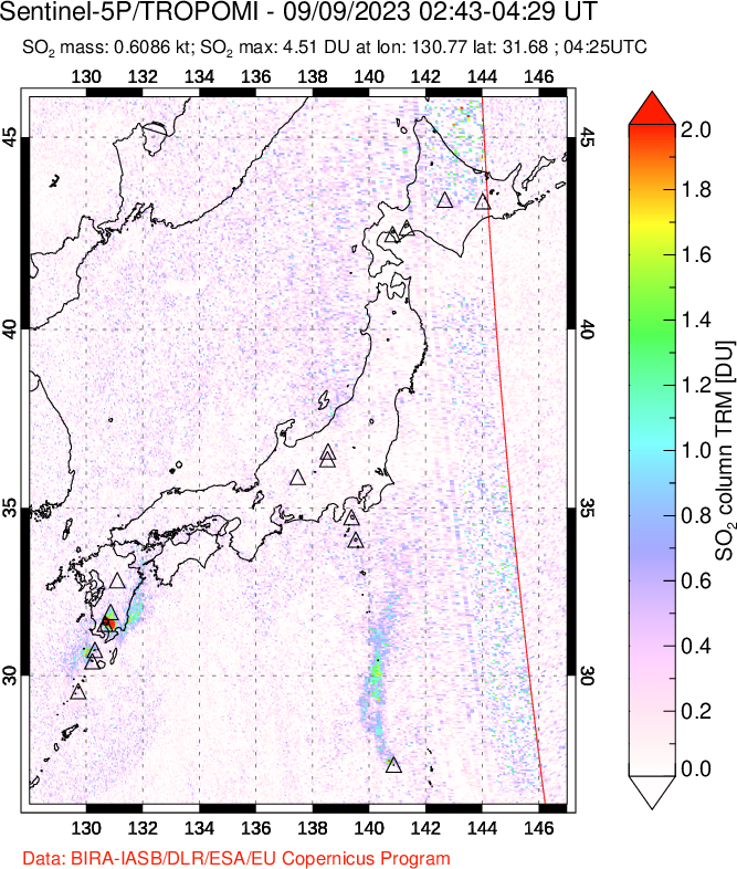 A sulfur dioxide image over Japan on Sep 09, 2023.