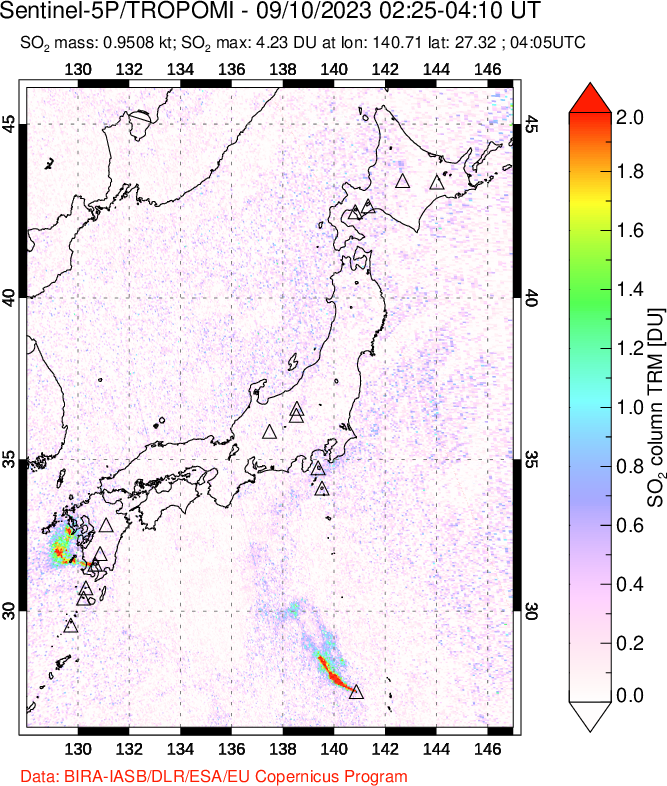 A sulfur dioxide image over Japan on Sep 10, 2023.