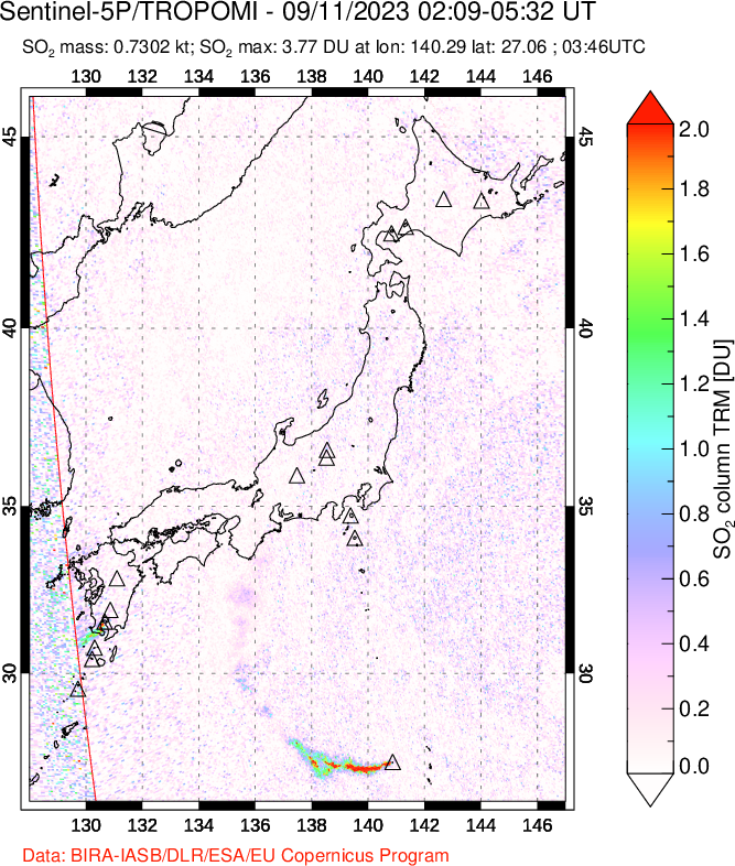 A sulfur dioxide image over Japan on Sep 11, 2023.