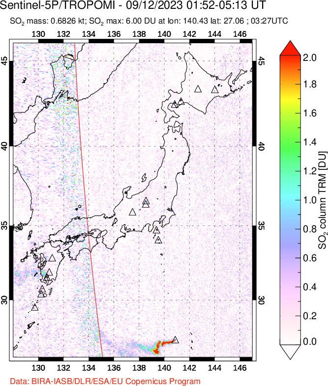 A sulfur dioxide image over Japan on Sep 12, 2023.