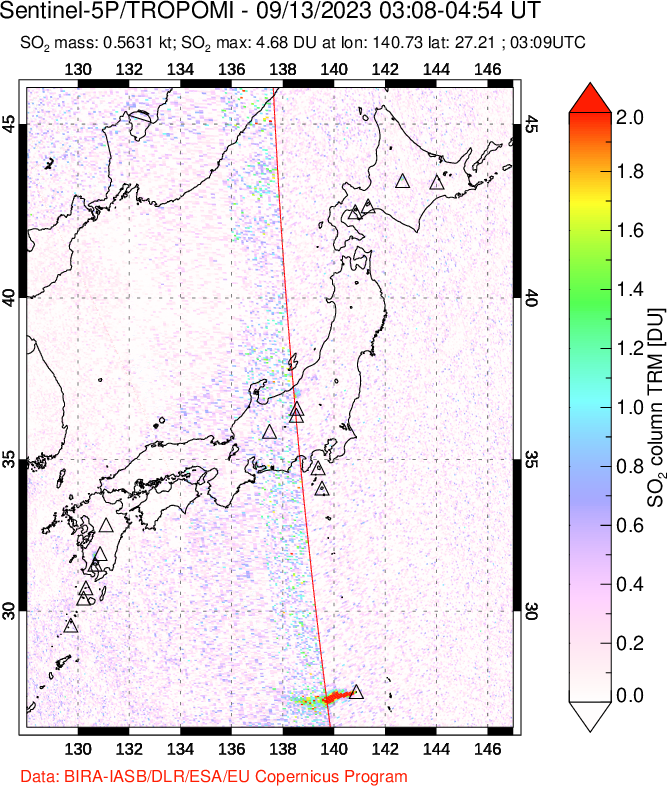 A sulfur dioxide image over Japan on Sep 13, 2023.