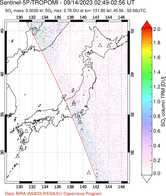 A sulfur dioxide image over Japan on Sep 14, 2023.