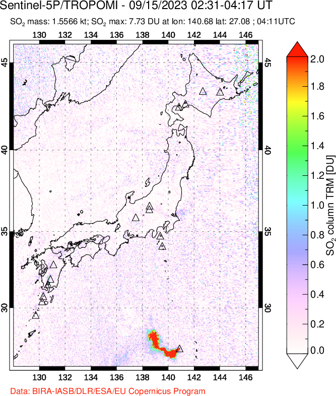 A sulfur dioxide image over Japan on Sep 15, 2023.