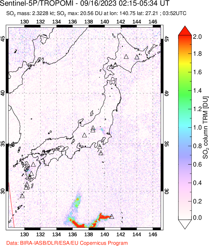 A sulfur dioxide image over Japan on Sep 16, 2023.