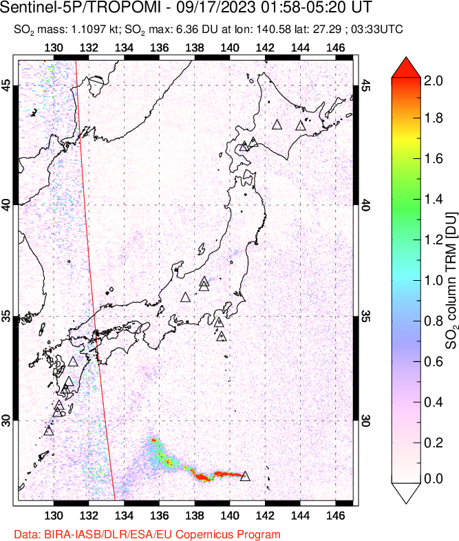 A sulfur dioxide image over Japan on Sep 17, 2023.