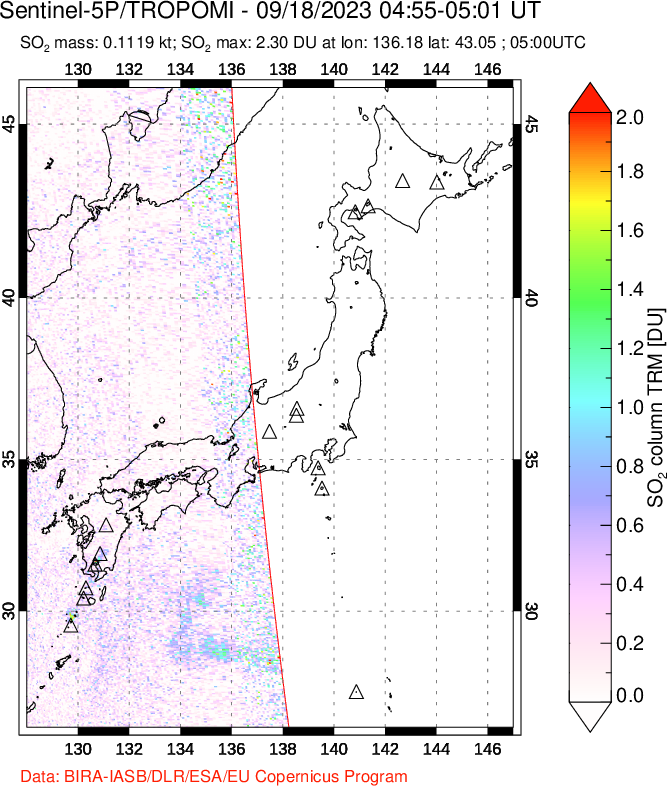 A sulfur dioxide image over Japan on Sep 18, 2023.