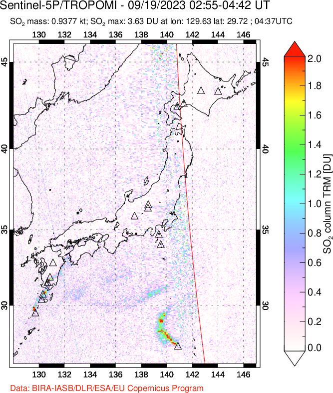 A sulfur dioxide image over Japan on Sep 19, 2023.