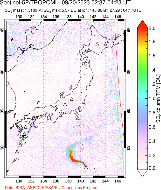 A sulfur dioxide image over Japan on Sep 20, 2023.