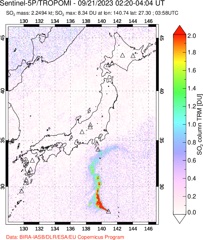 A sulfur dioxide image over Japan on Sep 21, 2023.