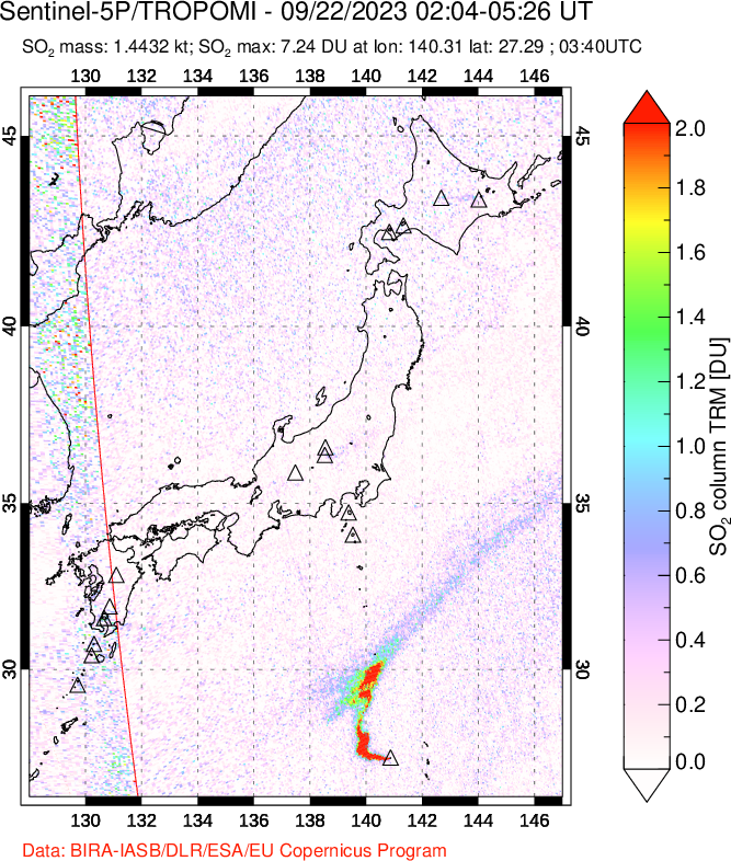 A sulfur dioxide image over Japan on Sep 22, 2023.