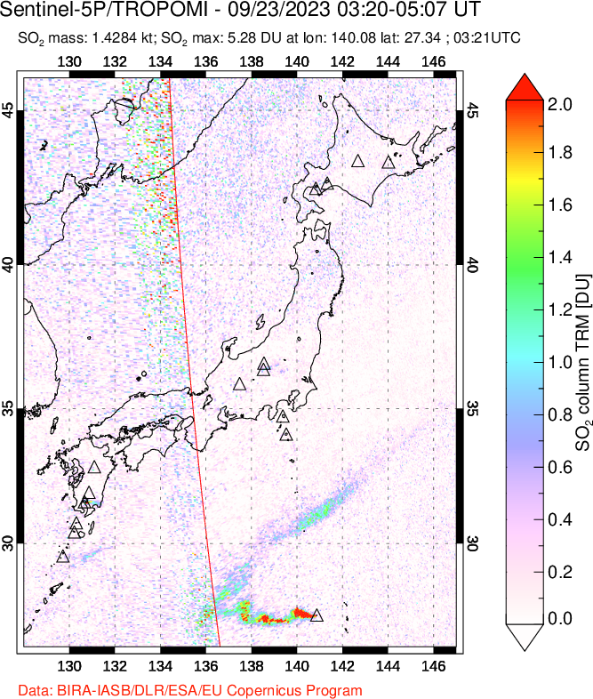 A sulfur dioxide image over Japan on Sep 23, 2023.