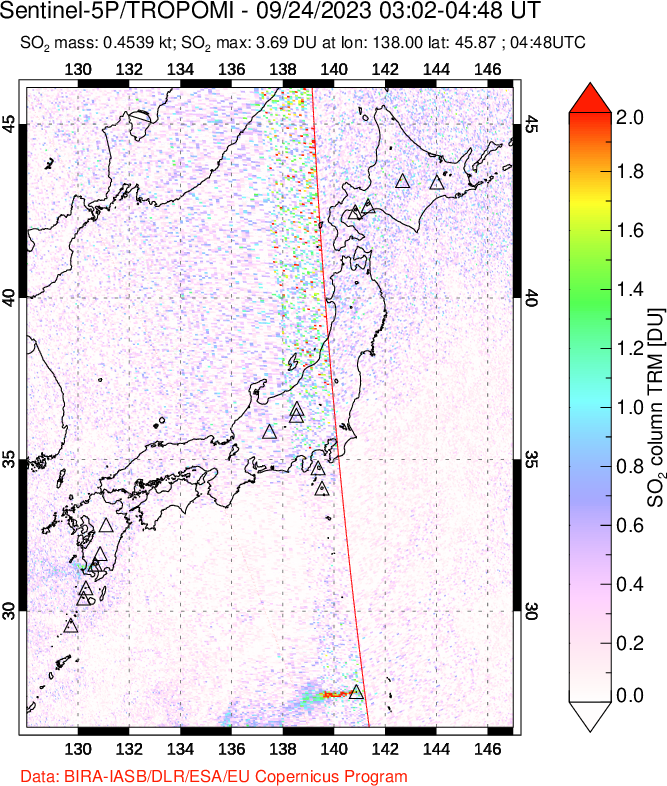 A sulfur dioxide image over Japan on Sep 24, 2023.