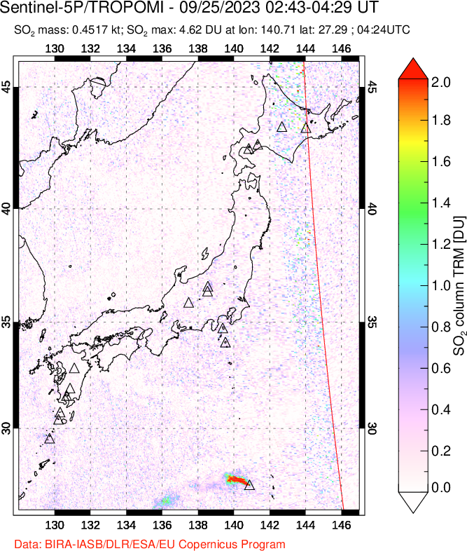 A sulfur dioxide image over Japan on Sep 25, 2023.